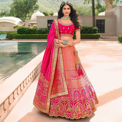 Light Pink Wedding Wear Floral Embroidered With Woven Banarasi Silk Lehenga Choli
