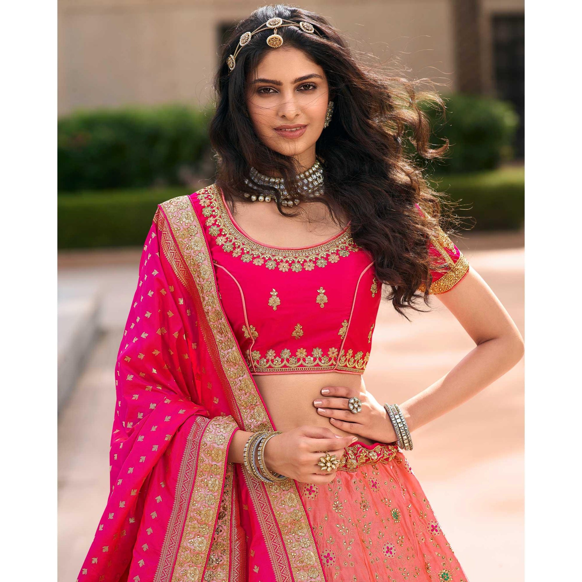 Light Pink Wedding Wear Floral Embroidered With Woven Banarasi Silk Lehenga Choli
