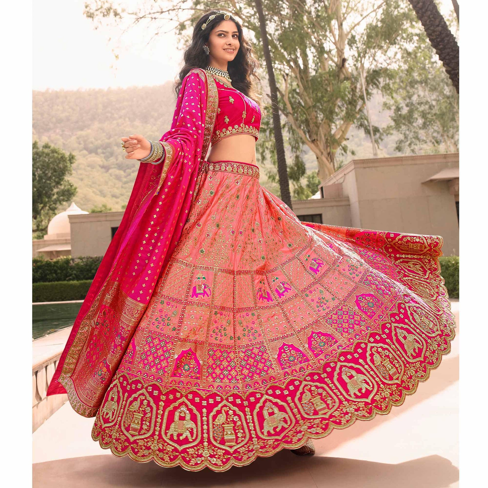 Light Pink Wedding Wear Floral Embroidered With Woven Banarasi Silk Lehenga Choli