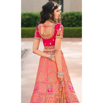 Light Pink Wedding Wear Floral Embroidered With Woven Banarasi Silk Lehenga Choli