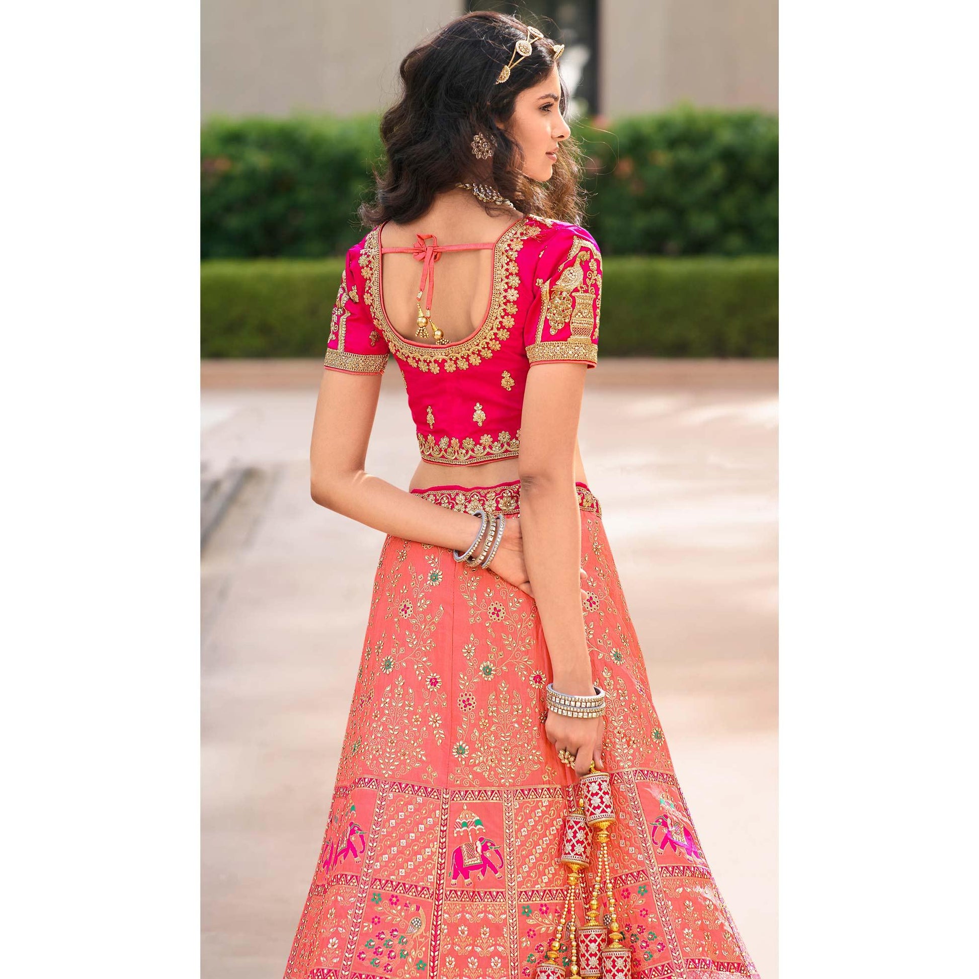 Light Pink Wedding Wear Floral Embroidered With Woven Banarasi Silk Lehenga Choli