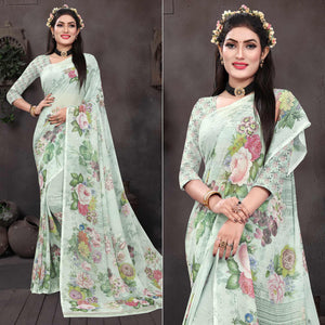 Light Pista Casual Wear Floral Printed Georgette Saree