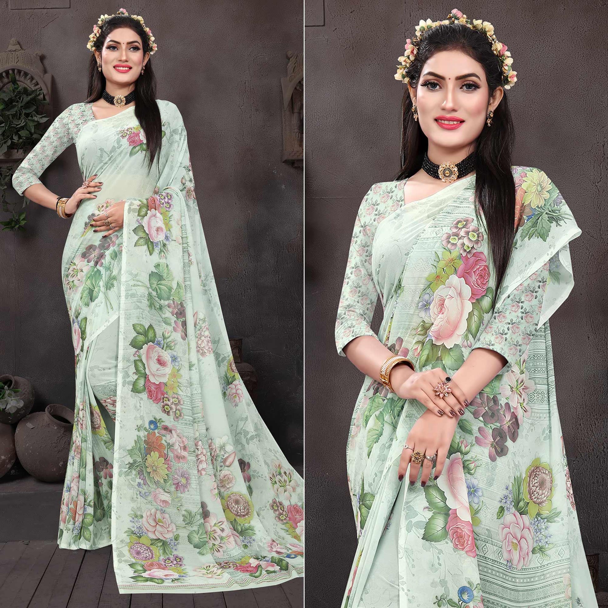 Light Pista Casual Wear Floral Printed Georgette Saree