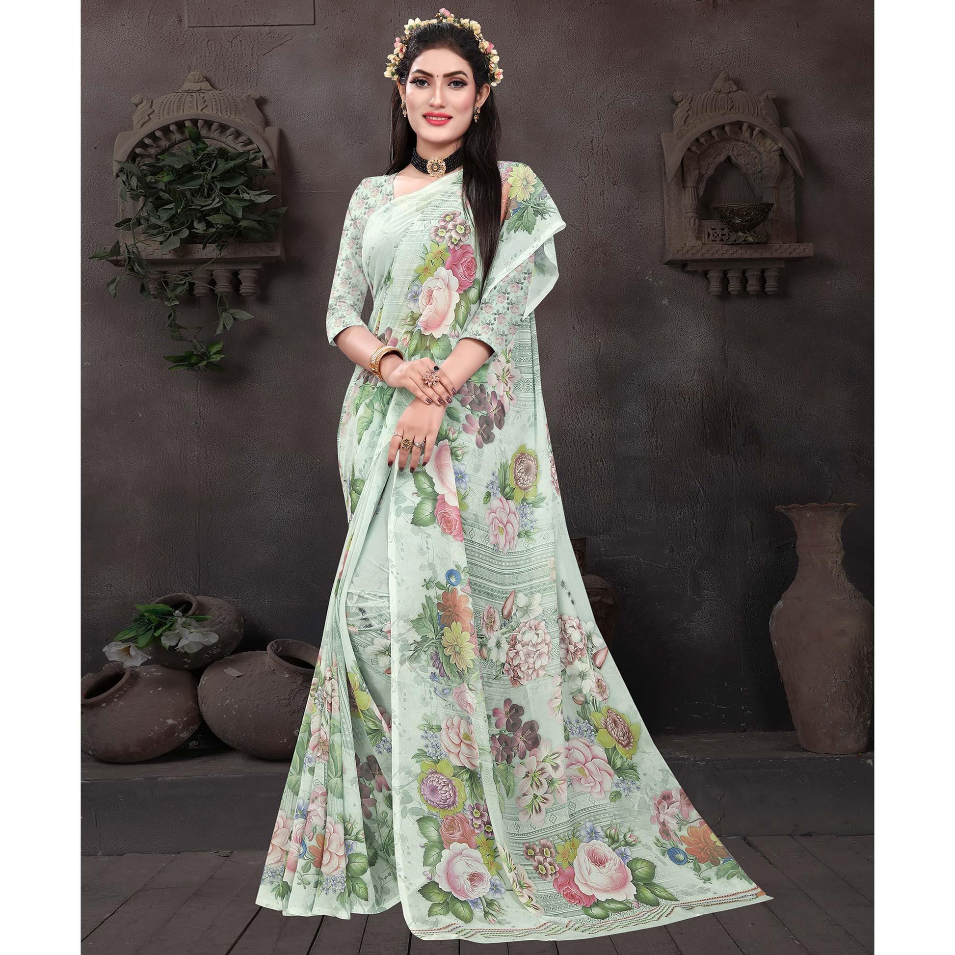 Light Pista Casual Wear Floral Printed Georgette Saree