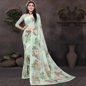 Light Pista Casual Wear Floral Printed Georgette Saree