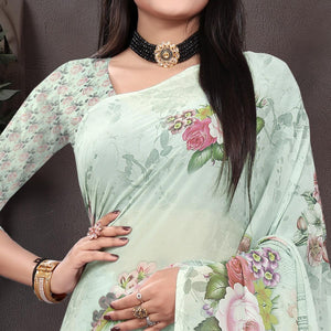 Light Pista Casual Wear Floral Printed Georgette Saree