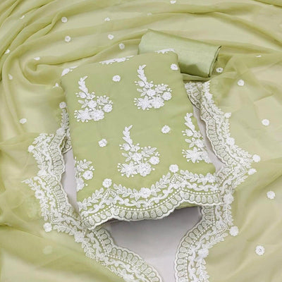 Light Pista Embroidered Georgette Dress Material