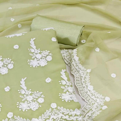 Light Pista Embroidered Georgette Dress Material