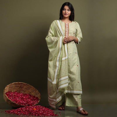 Light Pista Green Casual Wear Printed Cotton Kurti - Palazzo Set With Dupatta