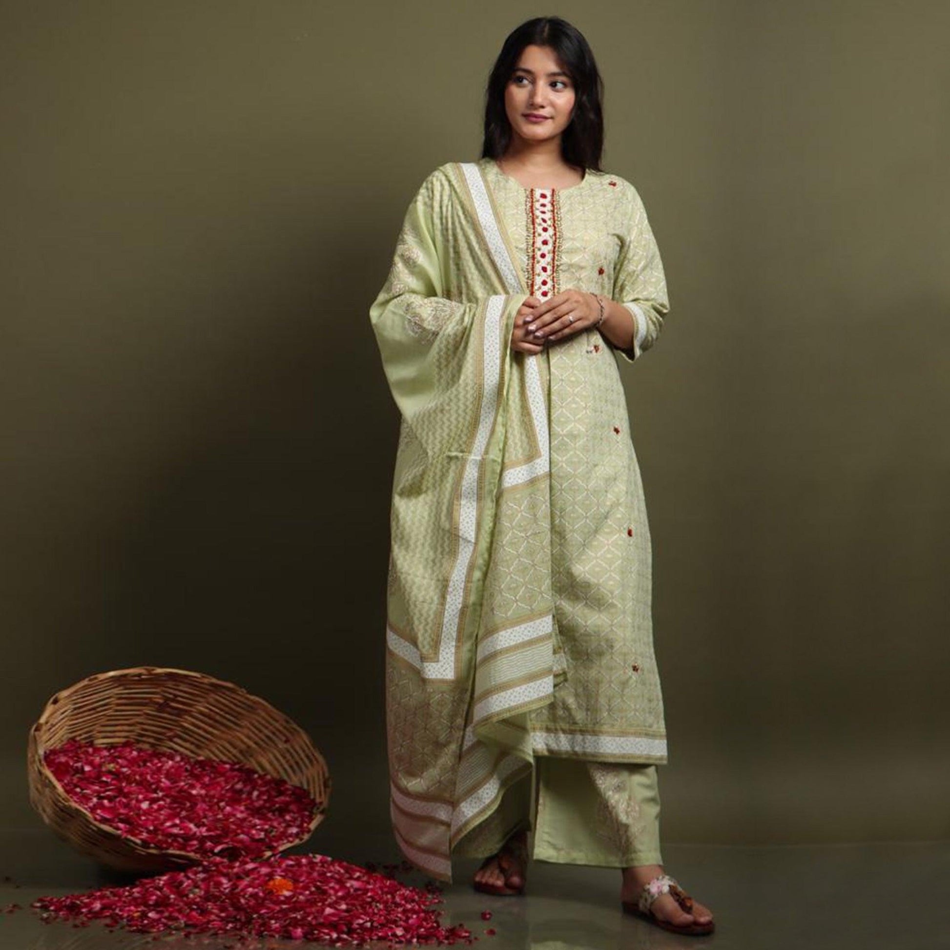 Light Pista Green Casual Wear Printed Cotton Kurti - Palazzo Set With Dupatta