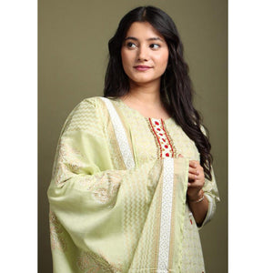Light Pista Green Casual Wear Printed Cotton Kurti - Palazzo Set With Dupatta