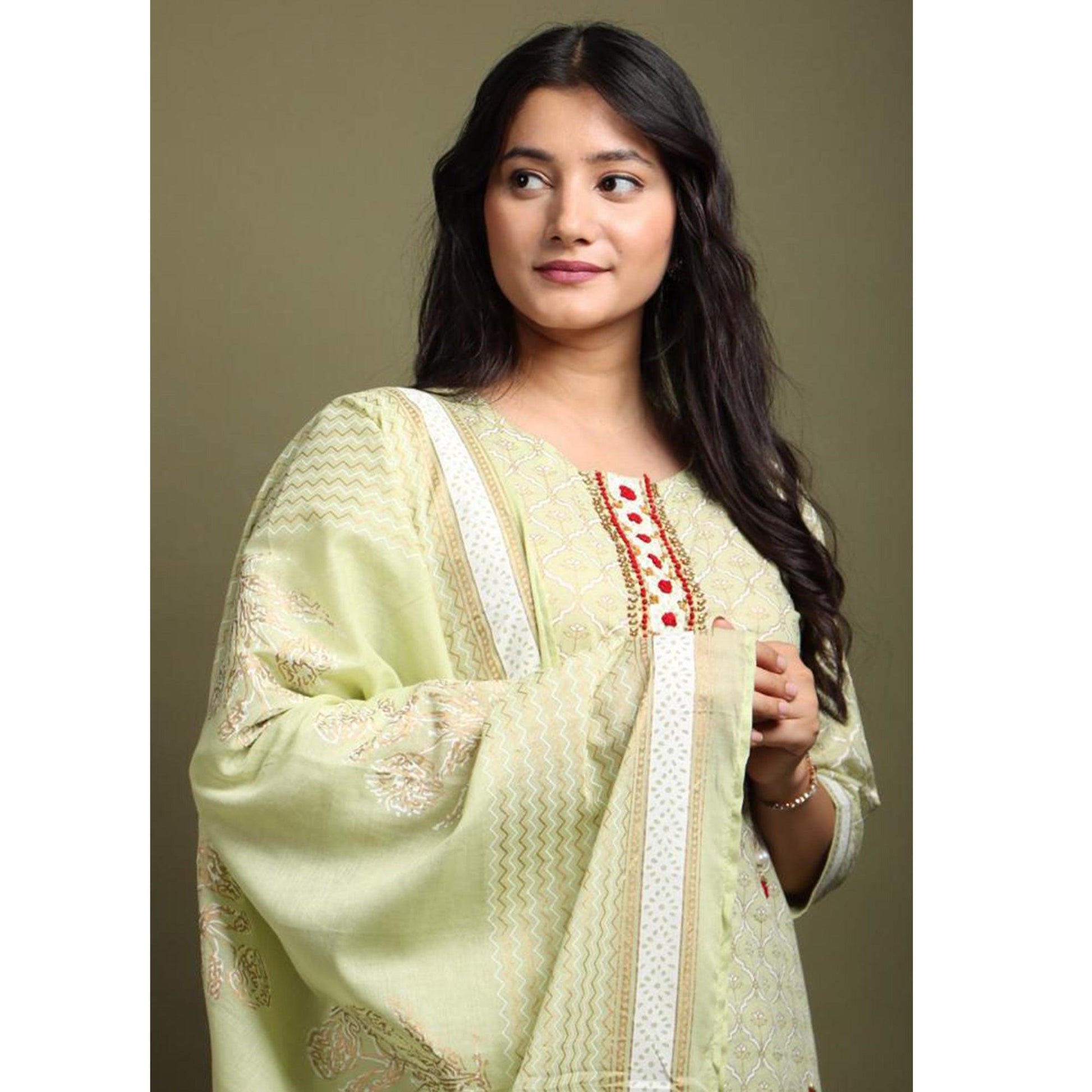Light Pista Green Casual Wear Printed Cotton Kurti - Palazzo Set With Dupatta