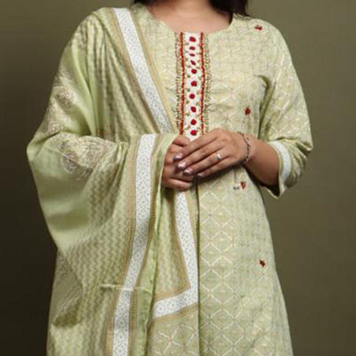 Light Pista Green Casual Wear Printed Cotton Kurti - Palazzo Set With Dupatta