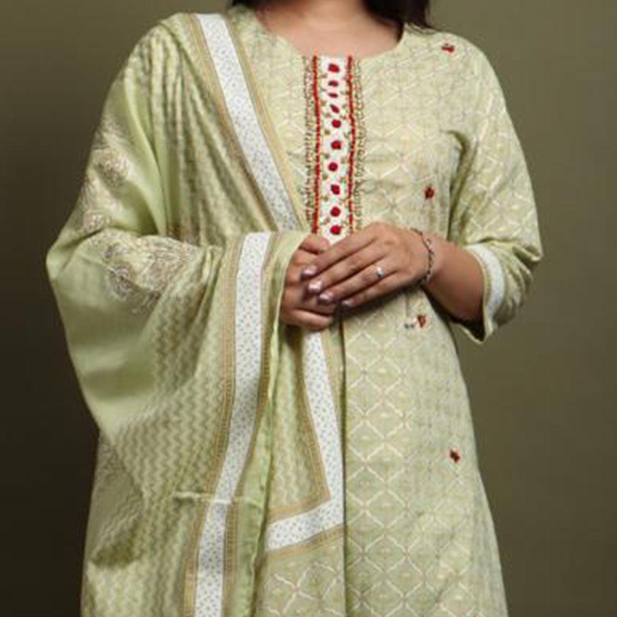 Light Pista Green Casual Wear Printed Cotton Kurti - Palazzo Set With Dupatta