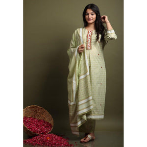 Light Pista Green Casual Wear Printed Cotton Kurti - Palazzo Set With Dupatta
