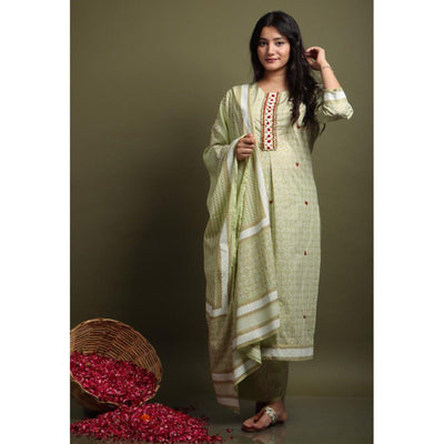 Light Pista Green Casual Wear Printed Cotton Kurti - Palazzo Set With Dupatta