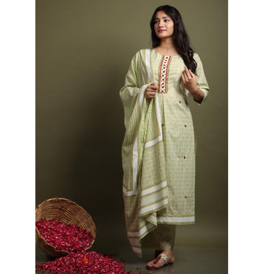 Light Pista Green Casual Wear Printed Cotton Kurti - Palazzo Set With Dupatta