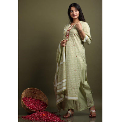 Light Pista Green Casual Wear Printed Cotton Kurti - Palazzo Set With Dupatta