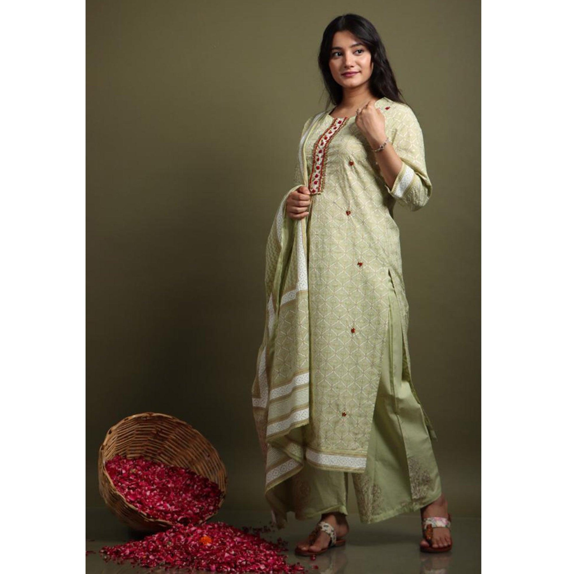 Light Pista Green Casual Wear Printed Cotton Kurti - Palazzo Set With Dupatta