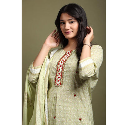 Light Pista Green Casual Wear Printed Cotton Kurti - Palazzo Set With Dupatta