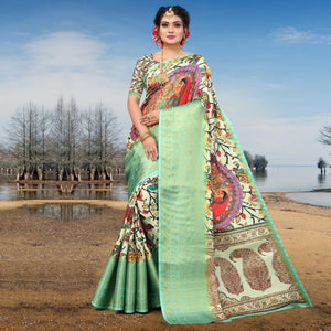 Light Pista Green Digital Printed Khaadi Saree