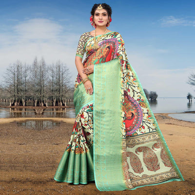 Light Pista Green Digital Printed Khaadi Saree