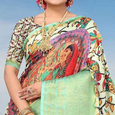 Light Pista Green Digital Printed Khaadi Saree