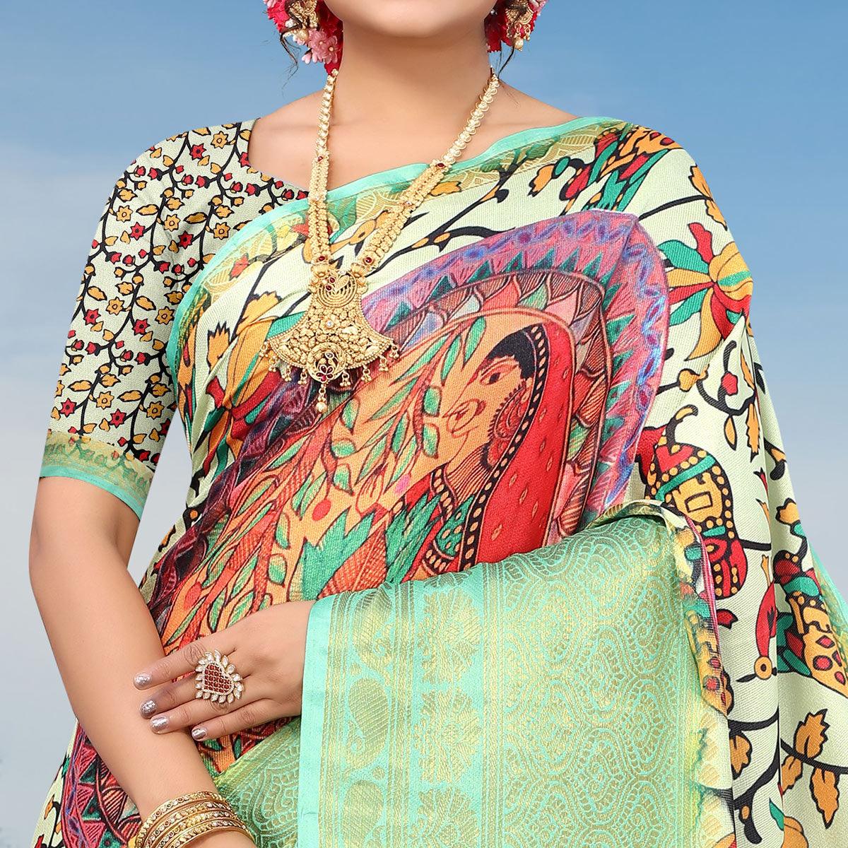 Light Pista Green Digital Printed Khaadi Saree