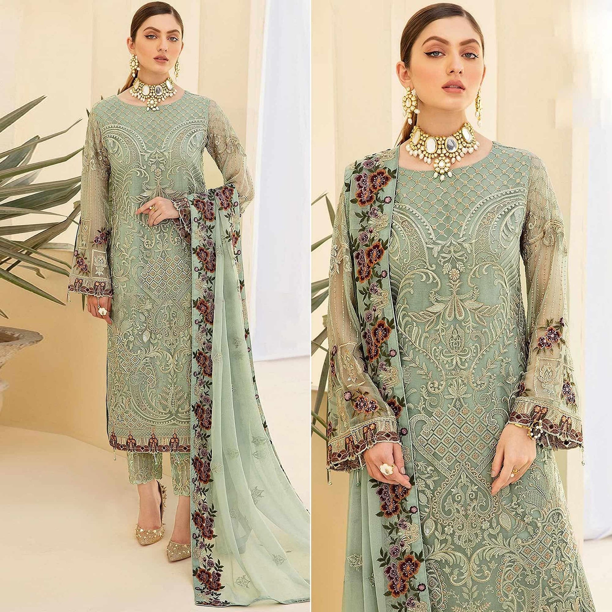 Light Pista Green Embroidered Georgette Pakistani Suit