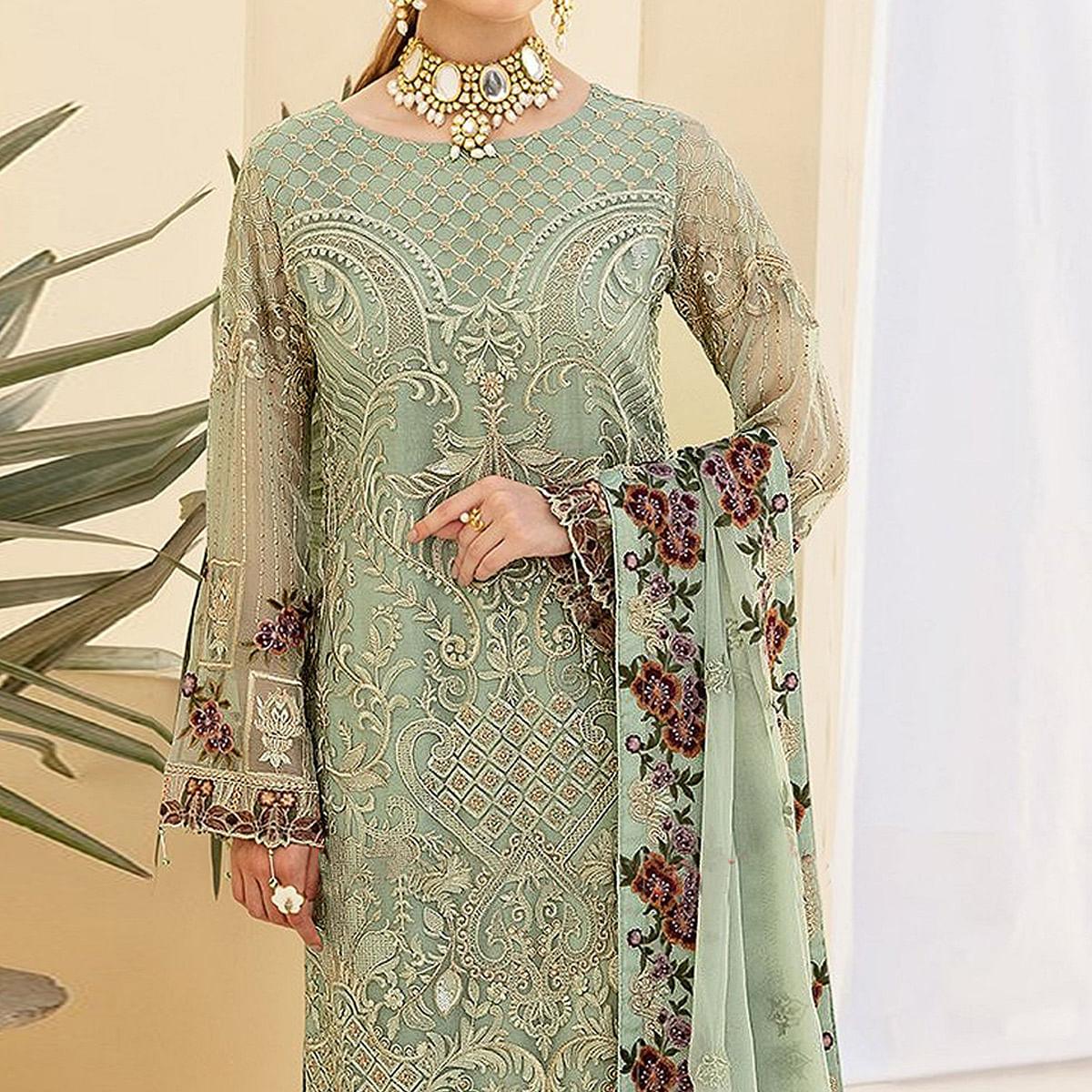 Light Pista Green Embroidered Georgette Pakistani Suit