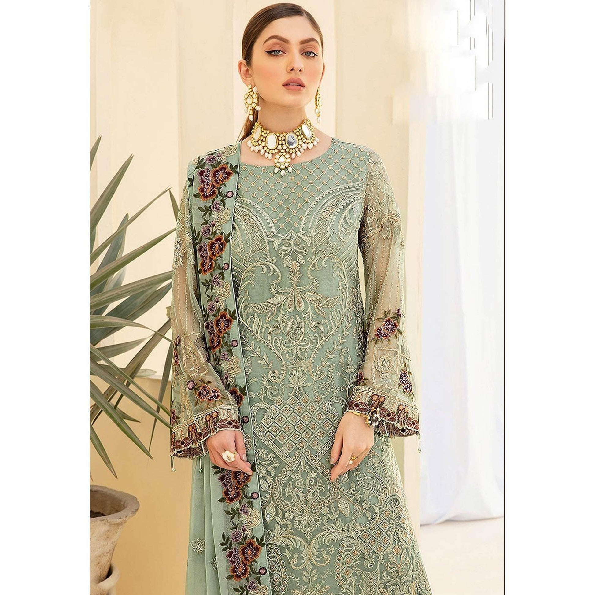 Light Pista Green Embroidered Georgette Pakistani Suit