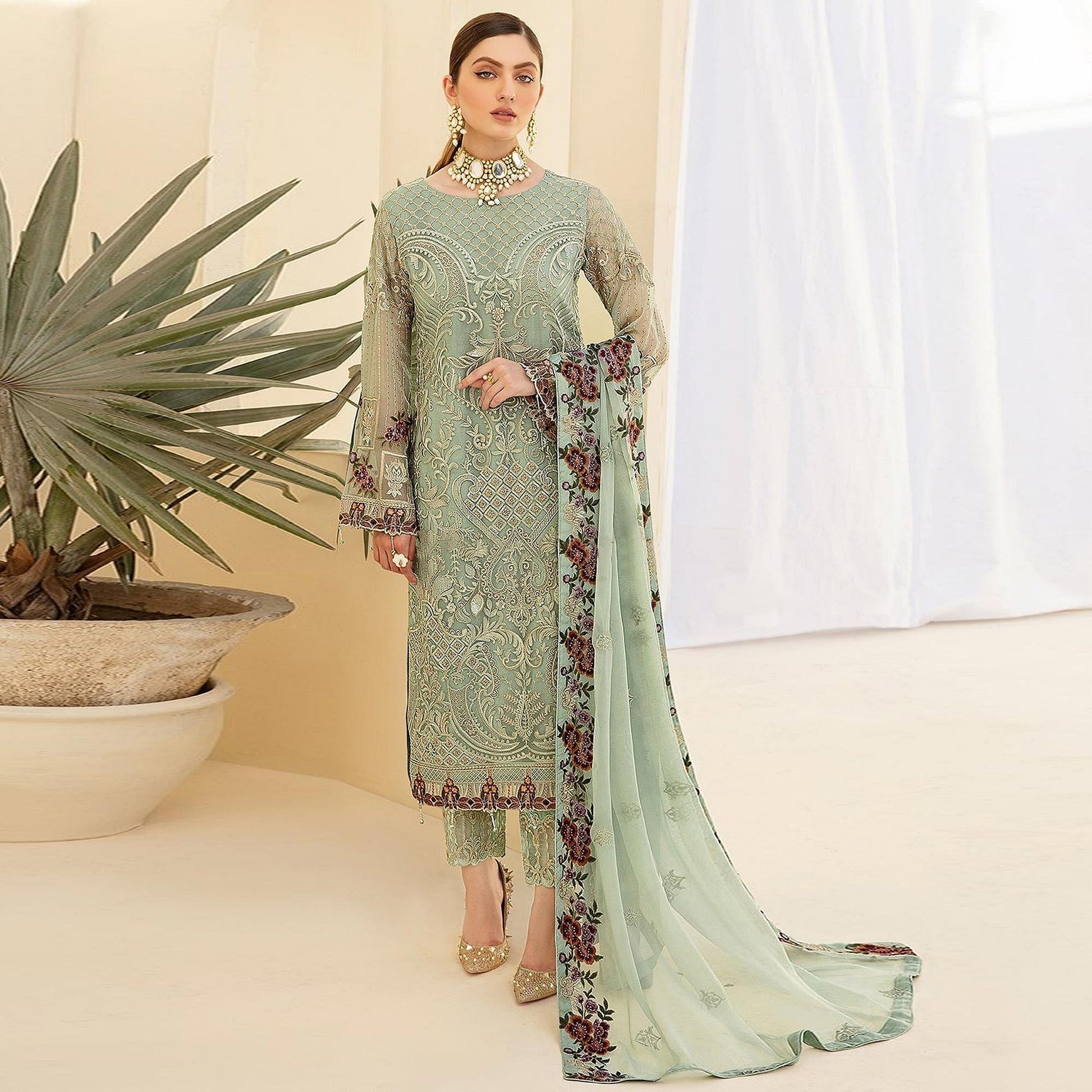 Light Pista Green Embroidered Georgette Pakistani Suit