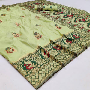 Light Pista Green Festive Wear Floral Woven Designer Soft Silk Banarasi Saree