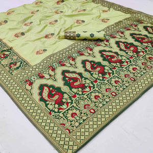 Light Pista Green Festive Wear Floral Woven Designer Soft Silk Banarasi Saree