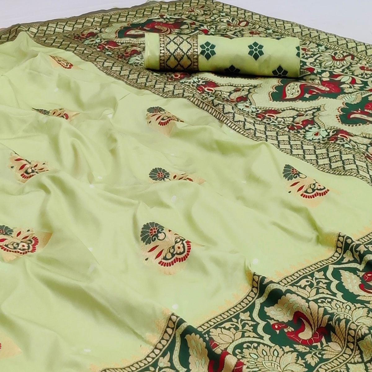 Light Pista Green Festive Wear Floral Woven Designer Soft Silk Banarasi Saree