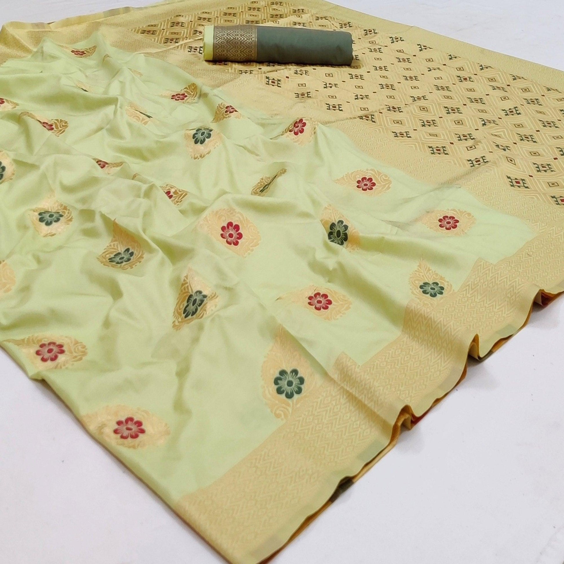 Light Pista Green Festive Wear Floral Woven Soft Silk Banarasi Saree