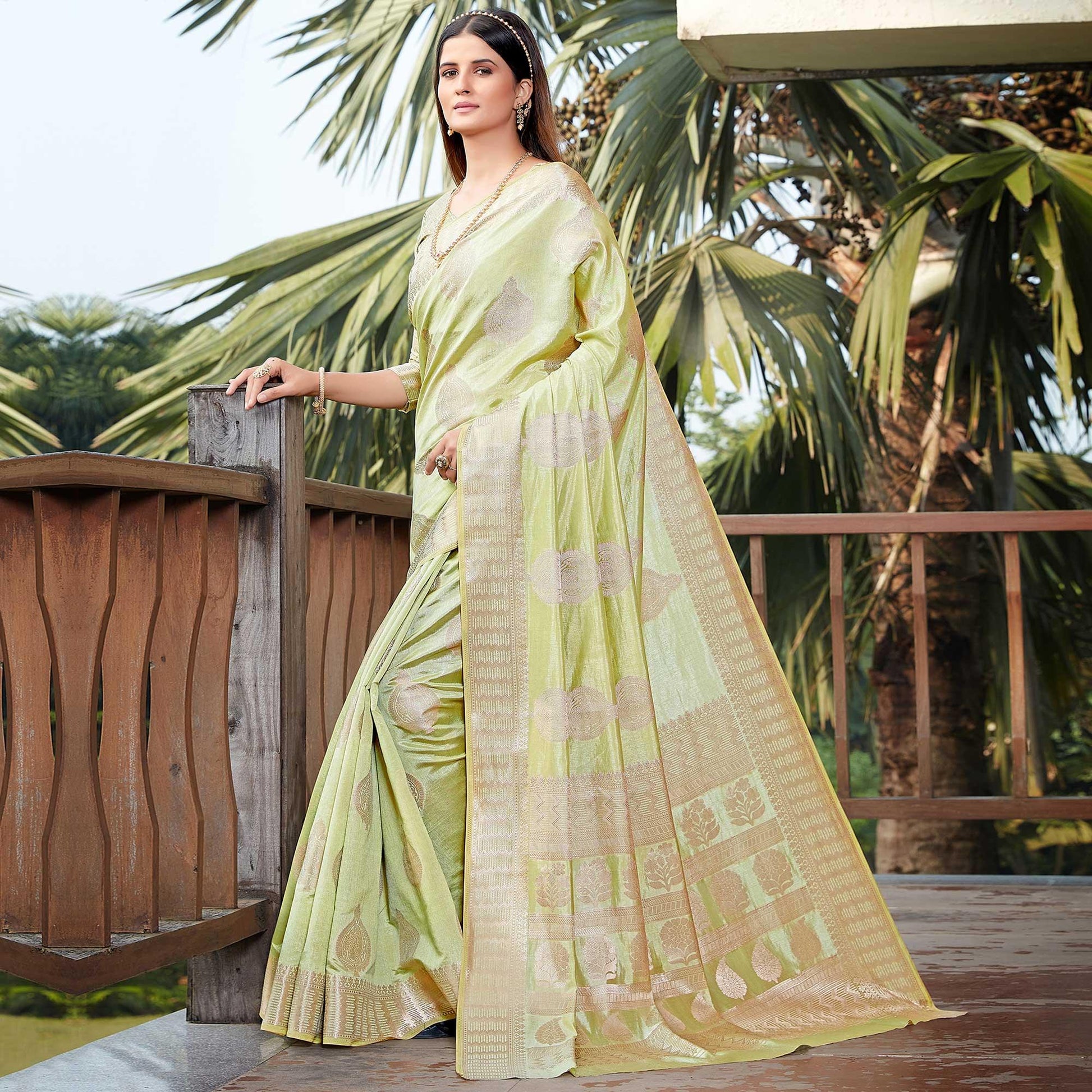 Light Pista Green Festive Wear Jari Woven Art Silk Saree