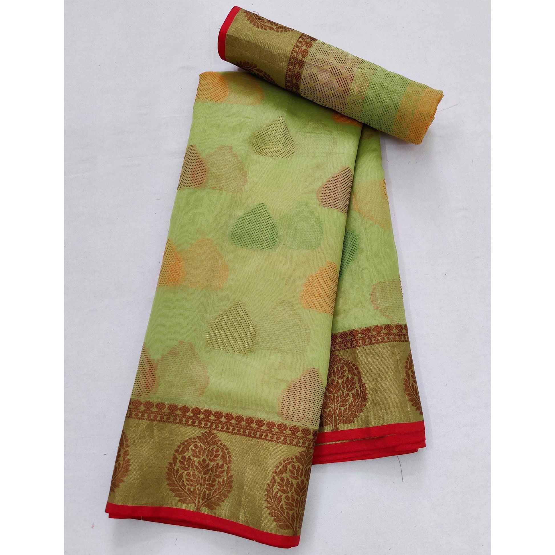 Light Pista Green Festive Wear Woven Rich Pallu Organza Saree