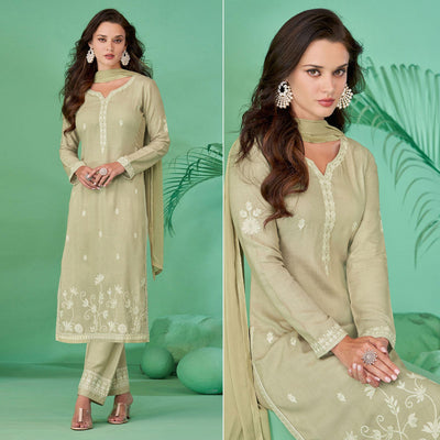 Light Pista Green Lucknowi Embroidered Rayon Kurti Pant Set With Dupatta