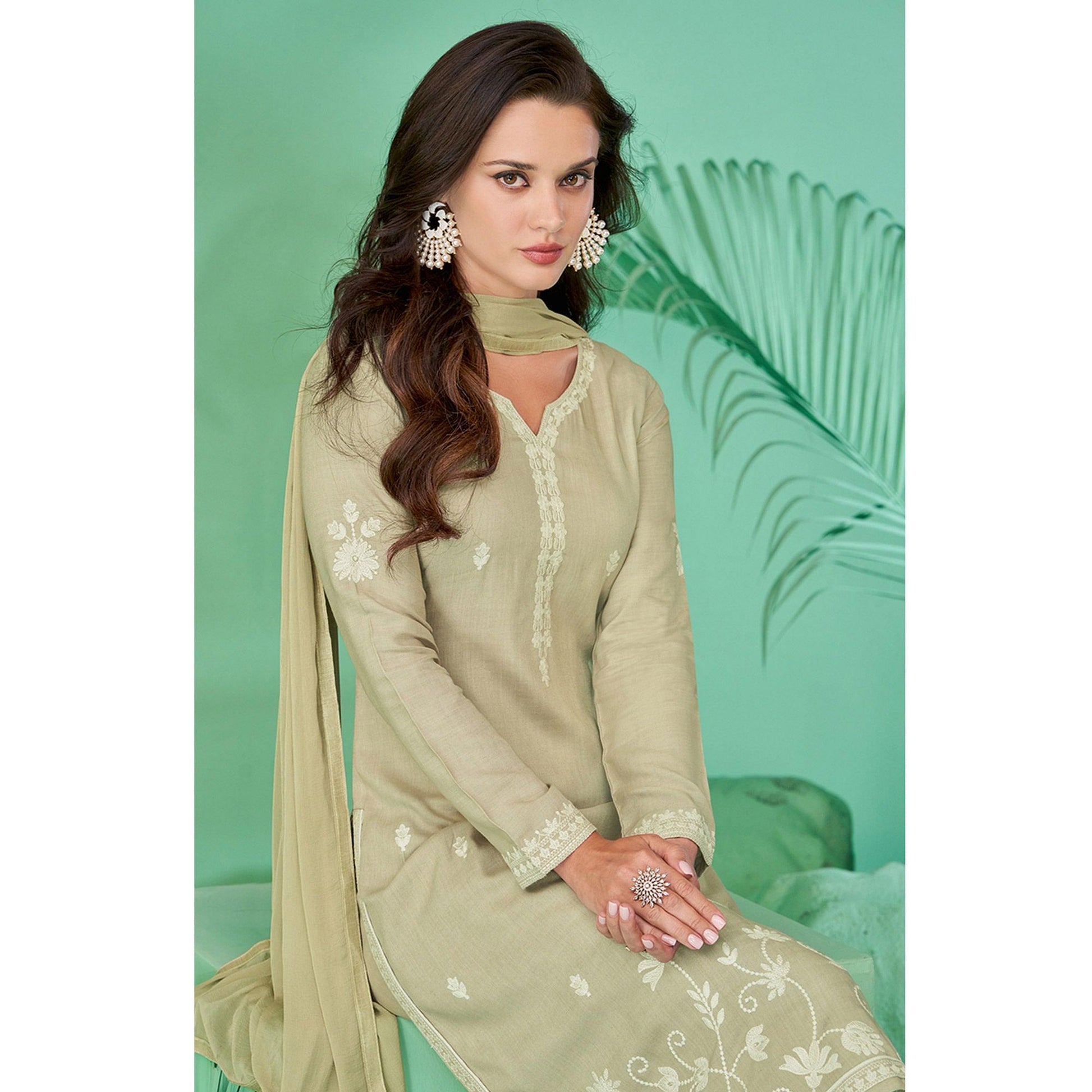 Light Pista Green Lucknowi Embroidered Rayon Kurti Pant Set With Dupatta