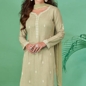 Light Pista Green Lucknowi Embroidered Rayon Kurti Pant Set With Dupatta