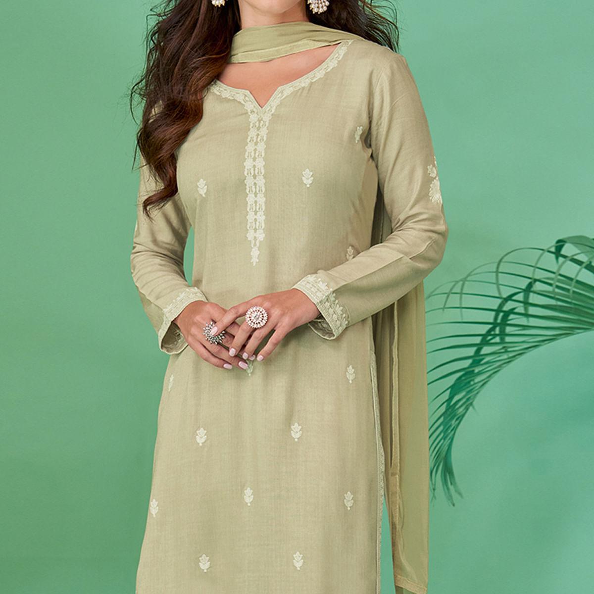 Light Pista Green Lucknowi Embroidered Rayon Kurti Pant Set With Dupatta