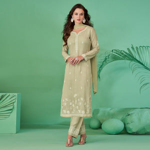 Light Pista Green Lucknowi Embroidered Rayon Kurti Pant Set With Dupatta