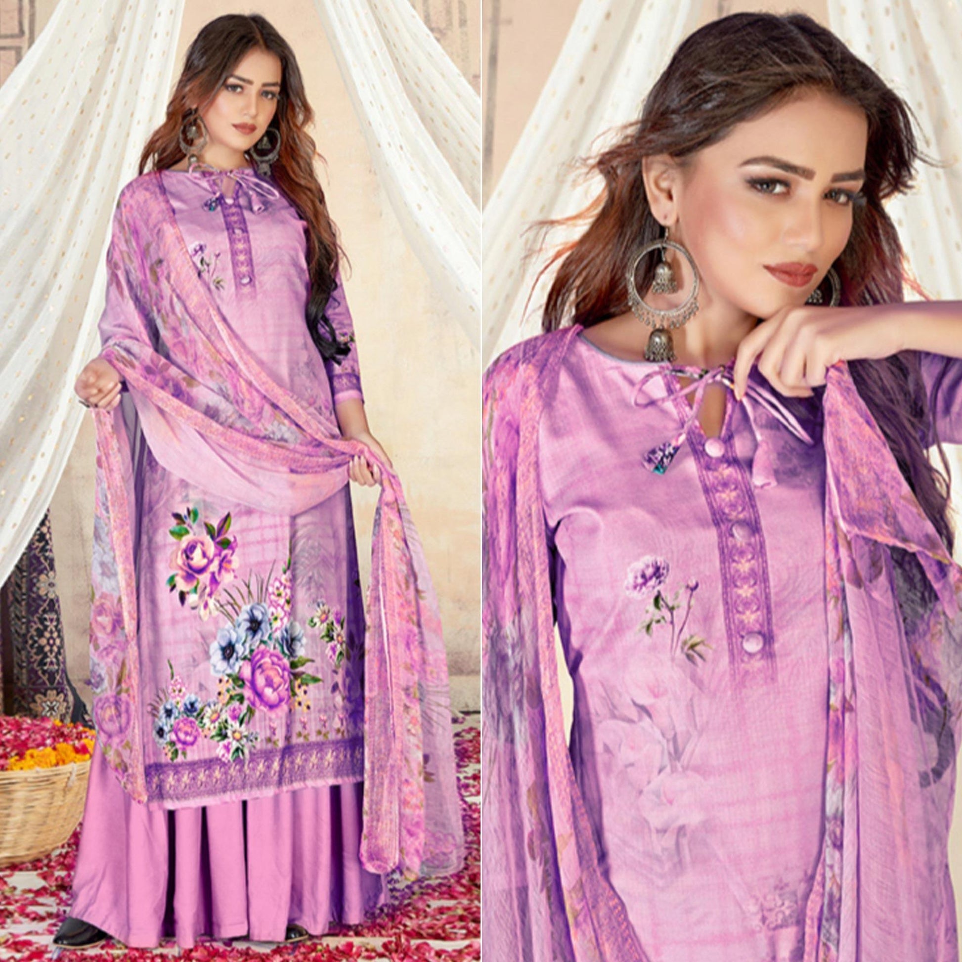 Light Purple Casual Wear Floral Printed Cotton Dress Material