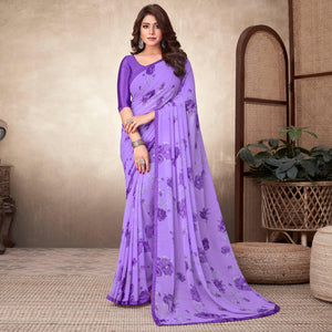 Light Purple Casual Wear Floral Printed Georgette Saree