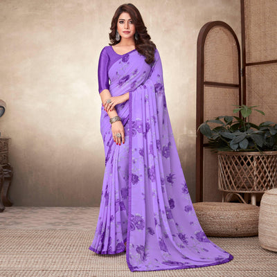 Light Purple Casual Wear Floral Printed Georgette Saree