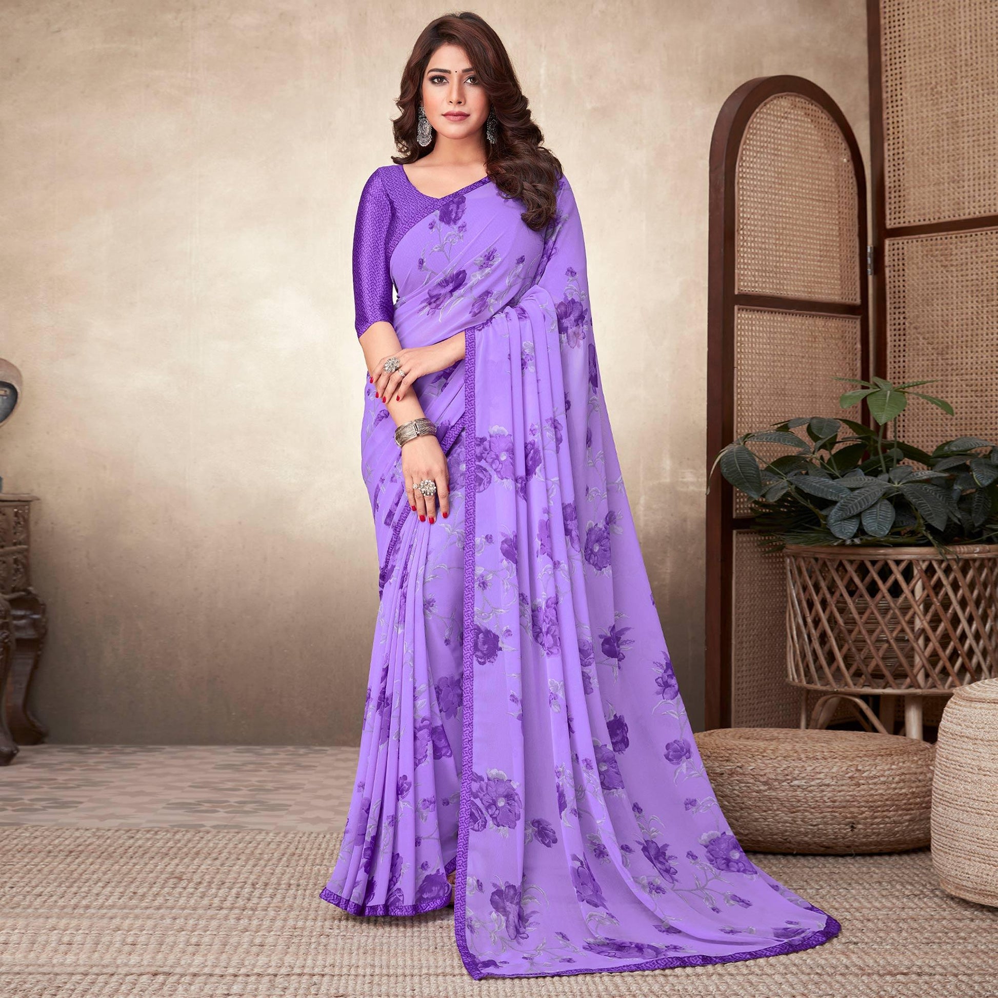 Light Purple Casual Wear Floral Printed Georgette Saree