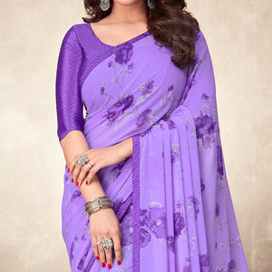 Light Purple Casual Wear Floral Printed Georgette Saree