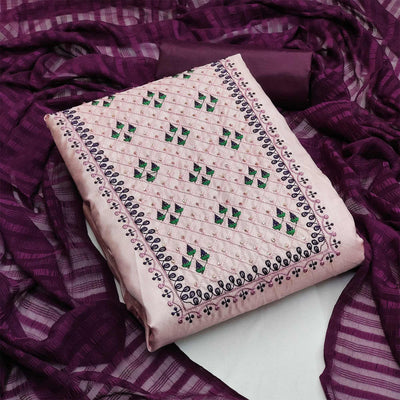 Light Purple Casual Wear Sequins Embroidered Silk Dress Material
