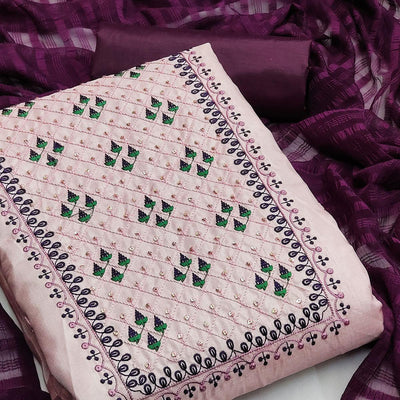 Light Purple Casual Wear Sequins Embroidered Silk Dress Material